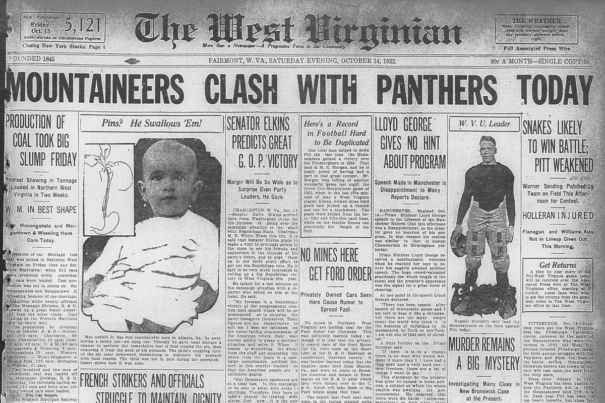 Front page of the West Virginian, Oct. 14, 1922. Headline reads 