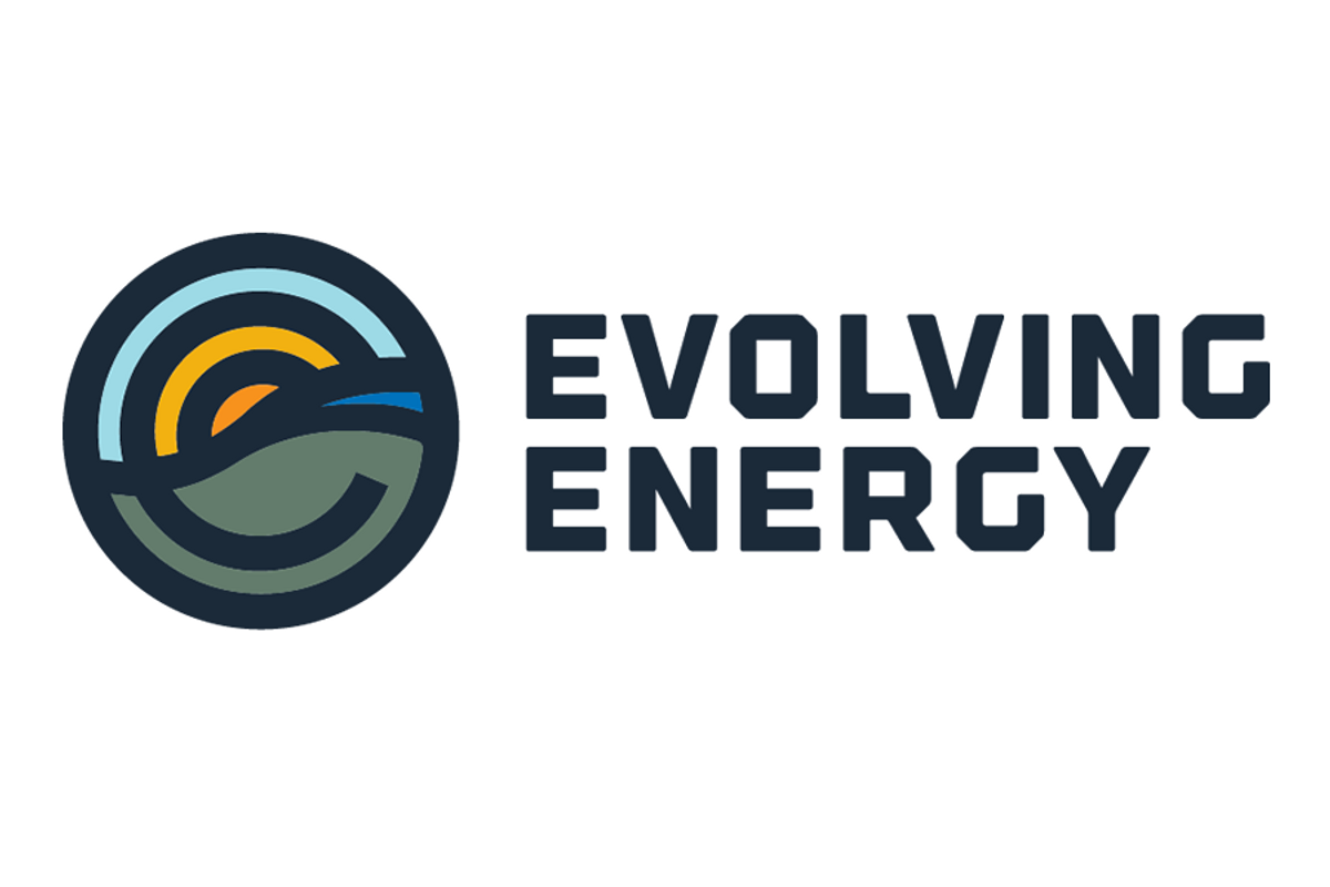 This is graphic on a white background. In dark blue on the right are the words 'Evolving Energy.' A circle on the left includes the colors light blue, gold, sunset and forest green.