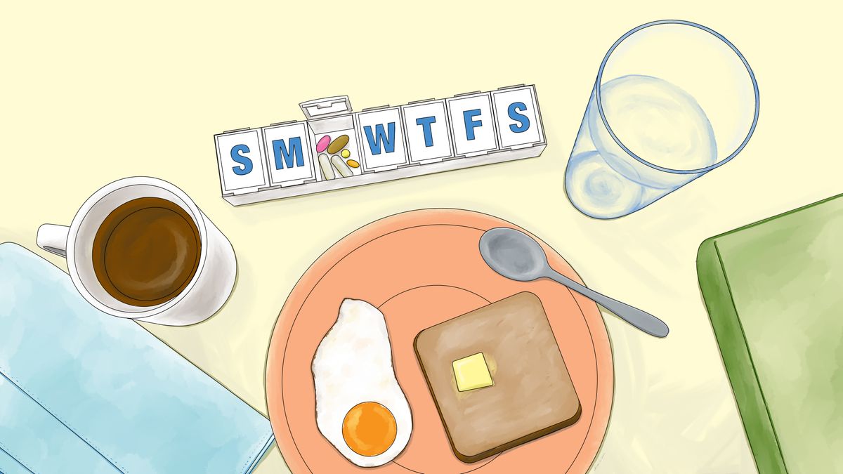 Illustration of pill organizer with coffee, water, eggs and toast