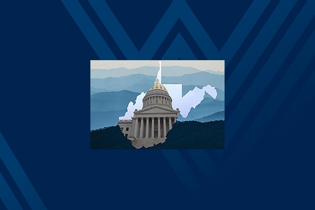Graphic image of West Virginia Capitol Building inside the state outline against a backdrop of mountains.