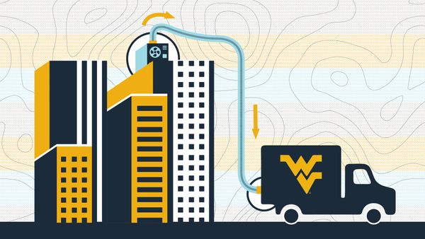 A graphic showing four skyscraper-style buildings in a group. There is a WVU-branded truck parked near the building with a hose coming out of the back of it and connected to the top of one of the buildings. 