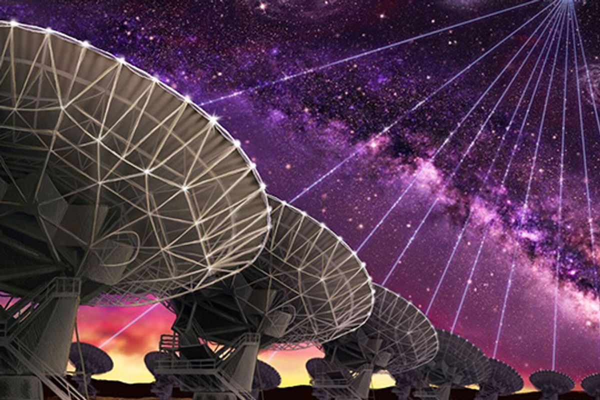 Jansky VLA — The dishes of the Karl G. Jansky Very Large Array in New Mexico are seen making the first precision localization of a fast radio burst, and thereby pointing the way to the host galaxy of FRB121102. Credit: Danielle Futselaar (www.artsource.nl)