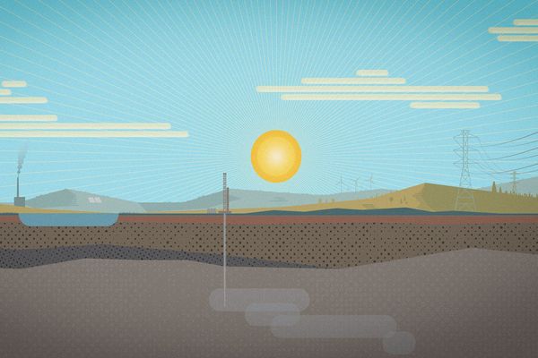 An illustrated graphic featuring different types of energy production including windmills, solar, drilling and more. 