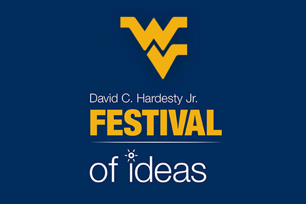 Festival of Ideas graphic. On blue background Flying WV (gold) David C. Hardesty, Jr. (white) FESTIVAL (gold) of ideas (white)