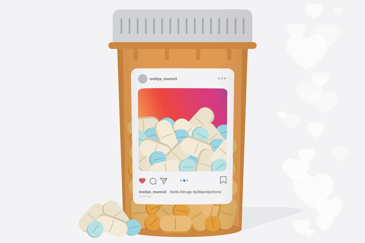 An illustration of an orange pill bottle with an instagram post on the label. The instagram post is of a pike of blue and white pills.