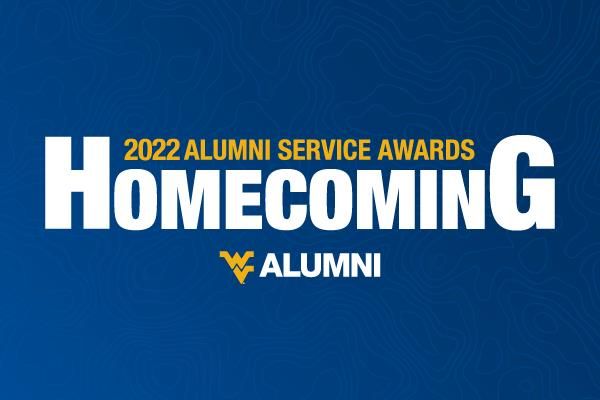 2022 WVU Homecoming Alumni Service Awards in gold, blue and white lettering