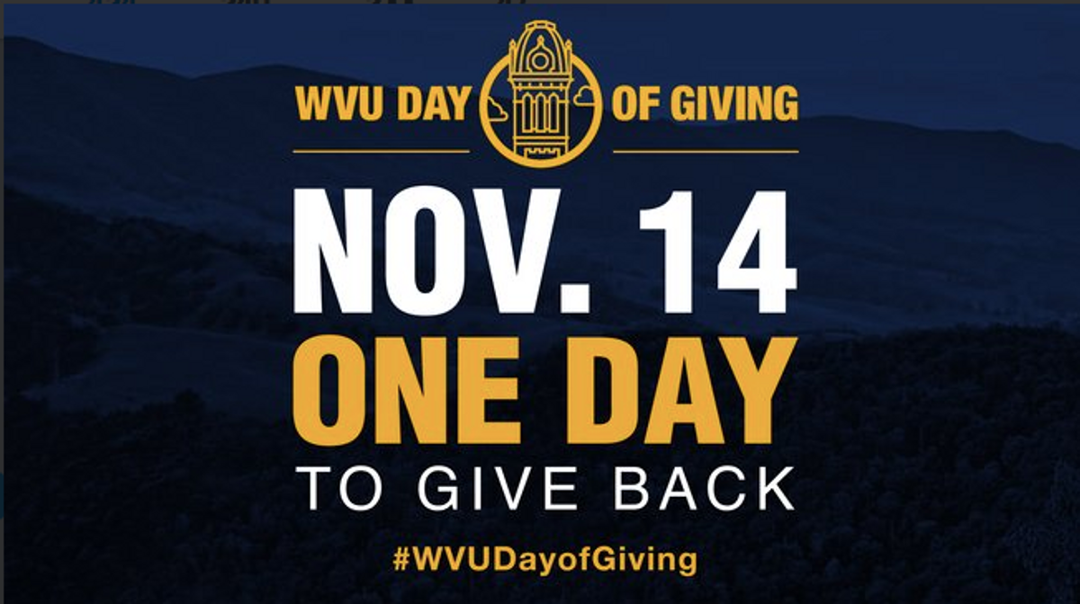 Graphic explaining the WVU Day of Giving with gold and white words on blue background
