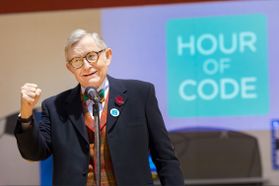 WVU President E Gordon Gee encourages student to learn coding at the Hour of CODE event at  Mylan Park Elementary School Morgantown WV December 8, 2017.