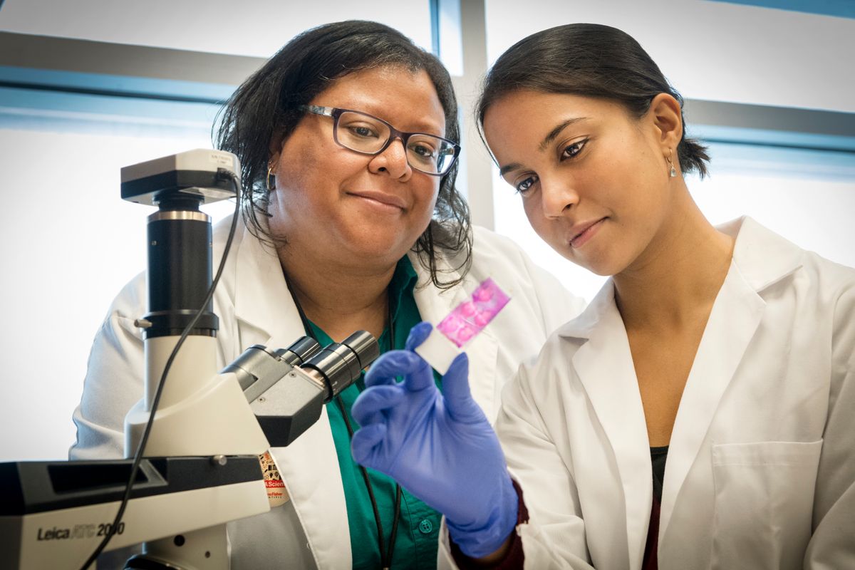 Two women standing next to a microscope, looking at a slide