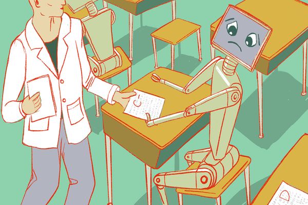 This is an illustration of a classroom with desks. A figure in a white lab coat and gray pants hands a paper marked with a C- to a robotic figure with a gray screen for a head with a frowning face.
