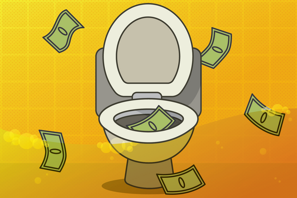 An illustration of a cartoon toilet with dollar bills floating in and around it. It is placed on a gradient yellow background. 