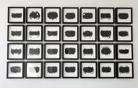 Twenty-eight Jason Lee's artwork is displayed on white backgrounds with black frames.