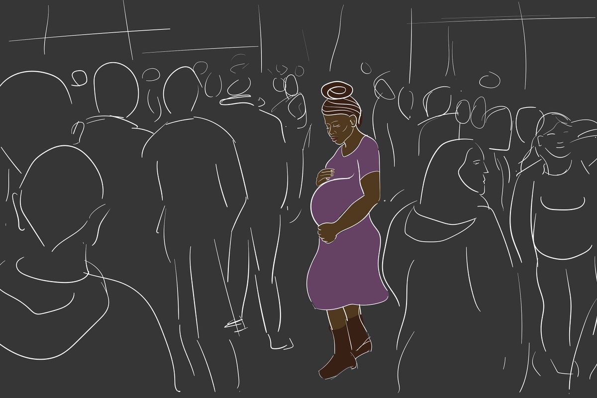 outlines of people with center on pregnant Black woman on dark background