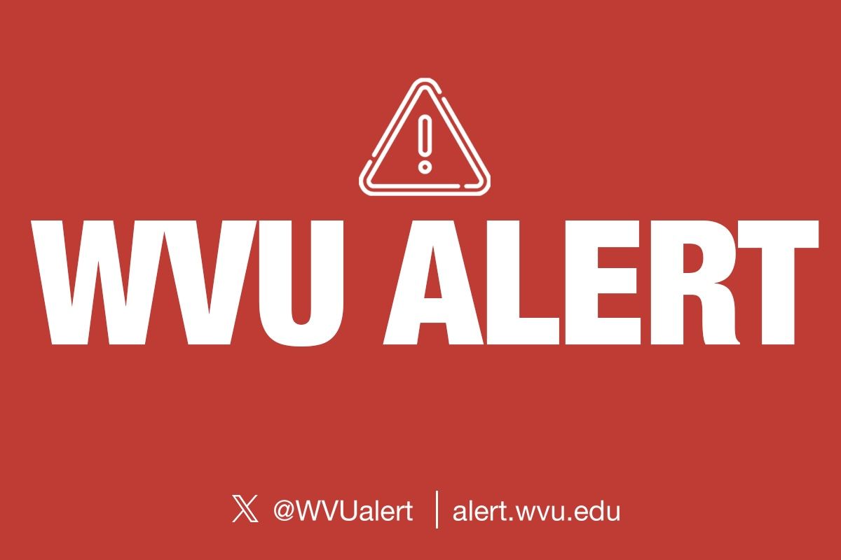 A WVU Alert graphic is in white letters on a red background.