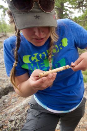 Kristen de Graauw, Ph.D. student in the WVU Department of Geology and Geography, examining a core from ancient Siberian pine in Mongolia.