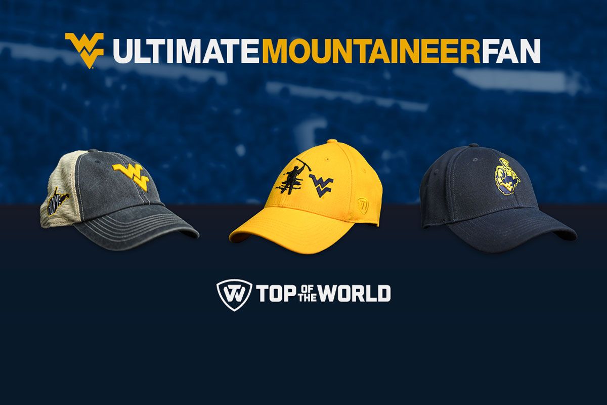 Ultimate Mountaineer Fan graphic - Three hats in a row (one with blue front, white back with gold WVU logo on front, one entirely gold with mountaineer mascot and WVU logo on front, and a third entirely navy blue with moutinaeer mascot, West Virginia state outline, and WVU logo on the front) with the Top World logo underneath.