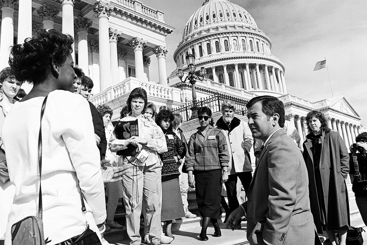 Photograph of Congressman Nick Rahall with a group of West Virginia students on the steps of the Capitol building, April 7, 1987, from the Congressman Nick Joe Rahall II papers, West Virginia & Regional History Center, WVU Libraries