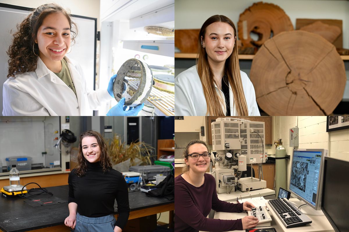 A composite of four students who have received prestigious research scholarships. All four students are female and are pictured in various lab facilities. 