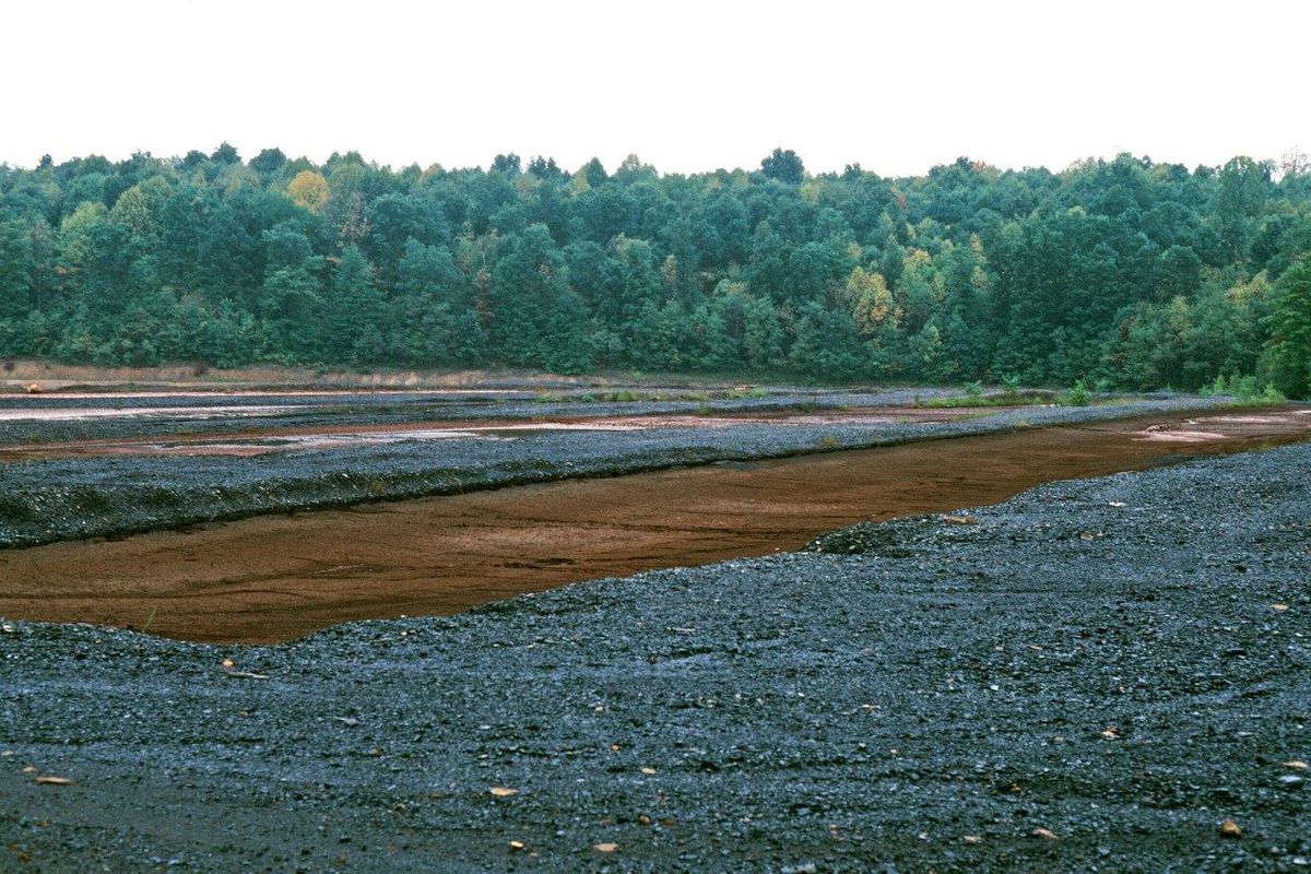 Acid mine drainage sludge drying cells at a mine in Upshur County, West Virginia.