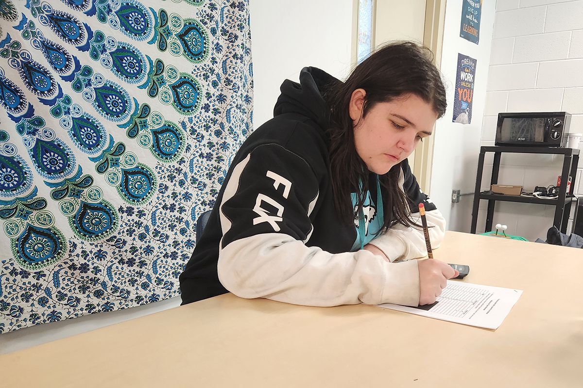 The photograph features a teenage student seated at a table doing school work. They are holding a pen in their right hand and writing on a sheet of paper. They are wearing a black and white sweatshirt and have long brown hair. 