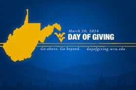 Graphic for WVU Day of Giving. The name of the day, it's date, tagline and URL are featured in the graphic as well as a gold cutout of the state of West Virginia. 