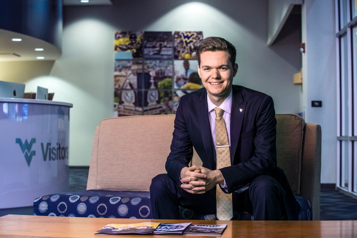 Dillon Muhly-Alexander sits in the WVU Visitors Center