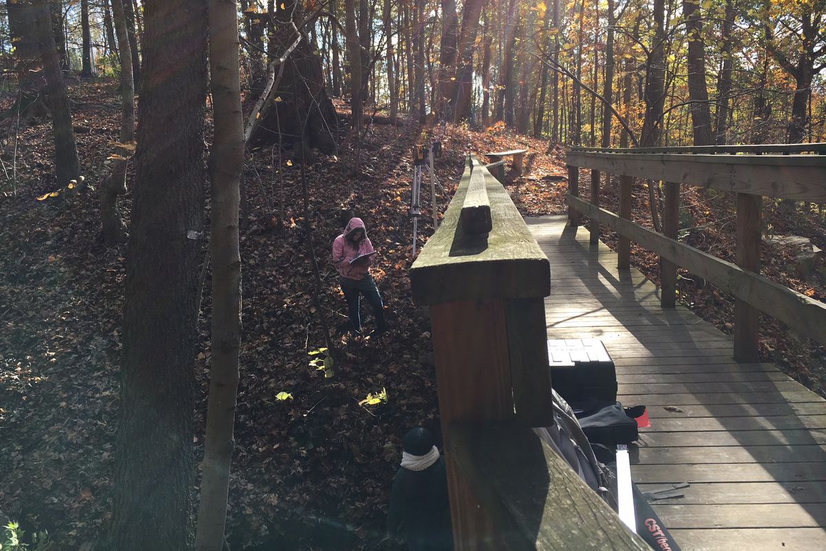 A student assesses a bridge in the Core Arboretum