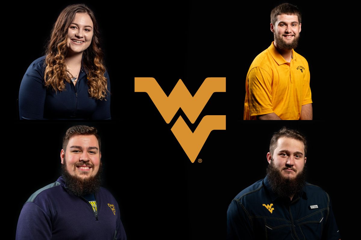 Composite photo of a young woman with long hair and three young men who have dark hair and beards. The flying WV is in the center of the composite.