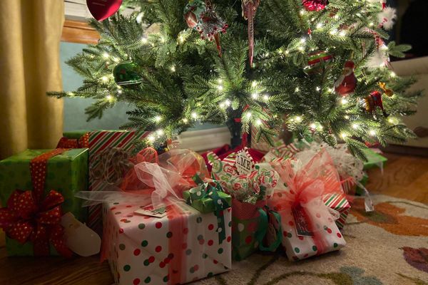 wrapped presents under holiday tree