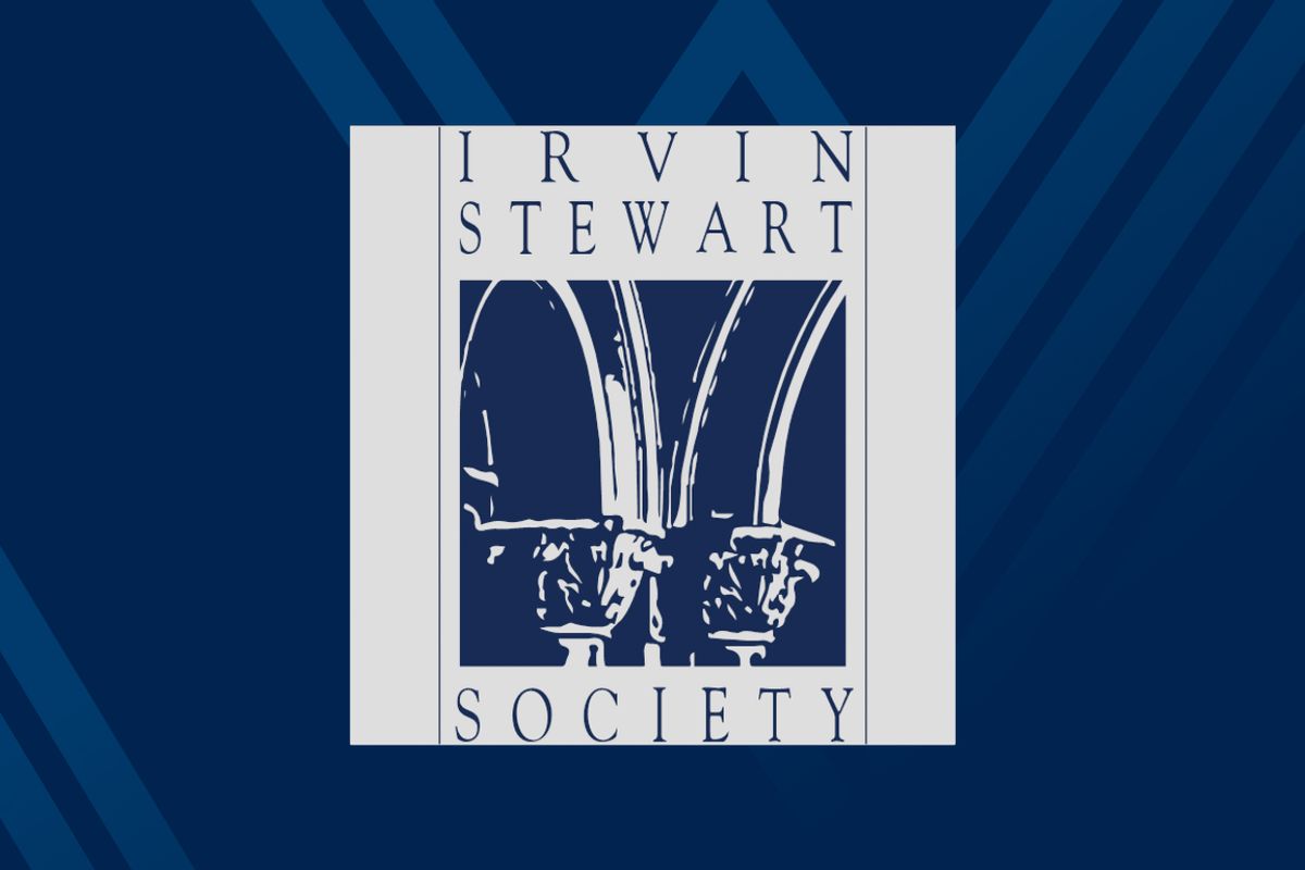 Irvin Stewart Society logo on blue background