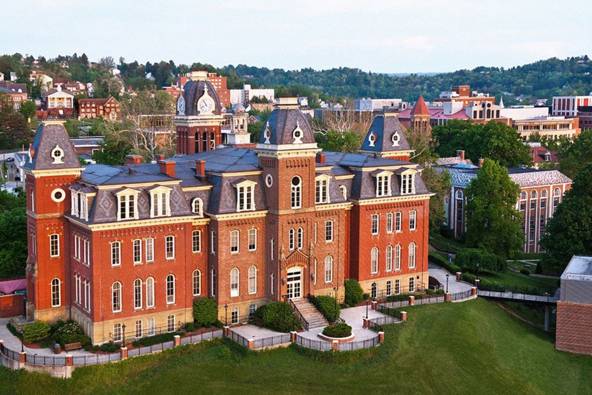 Photo of the WVU downtown campus with Woodburn at the center. 