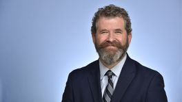 smiling man with full beard, dark hair, suit and tie