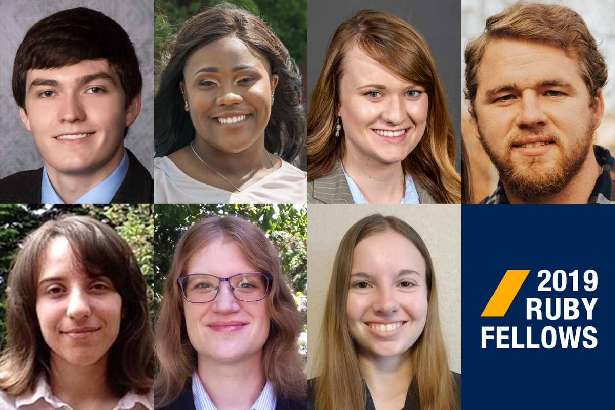 composite of seven people, wordmark for WVU 2019 Ruby Fellows