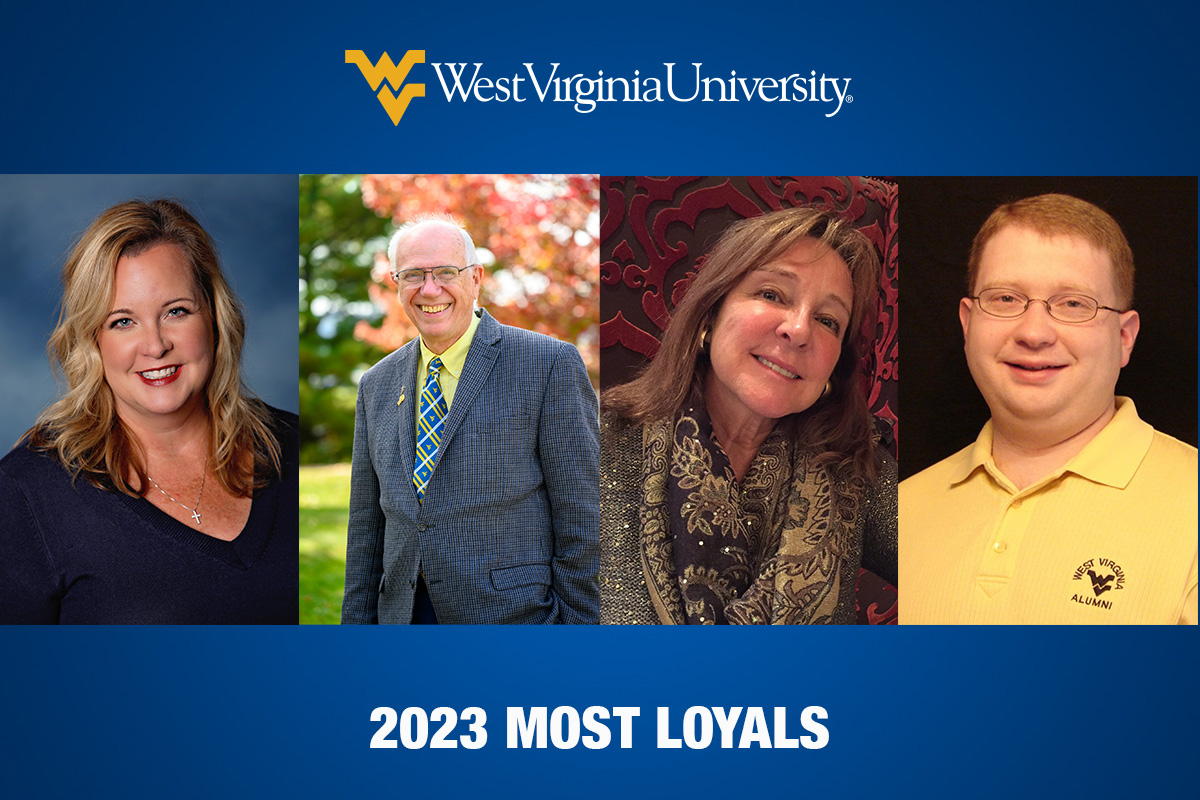 A composite graphic featuring headshots of the four 2023 Most Loyal honorees at WVU. The composite shows two women and two men. 