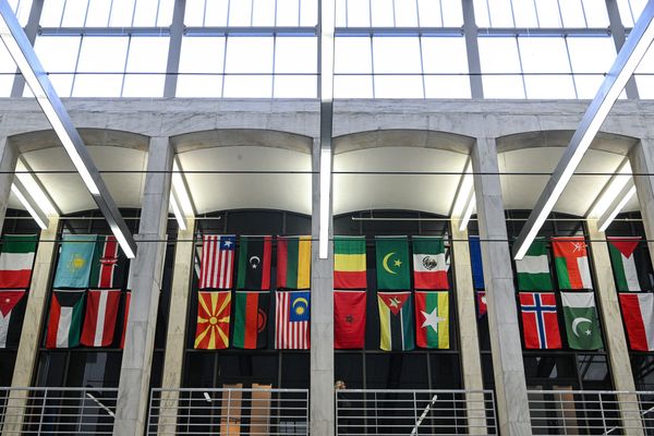 A collection of foreign flags flying over the food court in the WVU Mountainlair. 