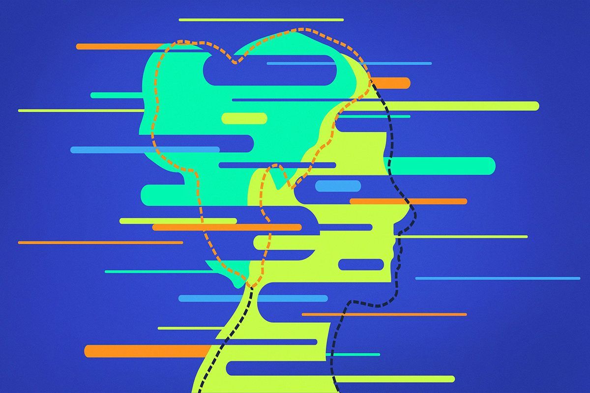 A graphic trying to show the reality of Alzheimers disease. The side profile of a head is shown on a bright blue background and there are linear sections of the head removed and set apart to infer disjointed pieces. 