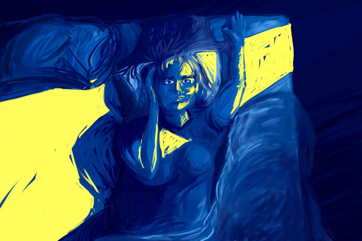 illustration of person in dark blue tones, with yellow stripe overlay