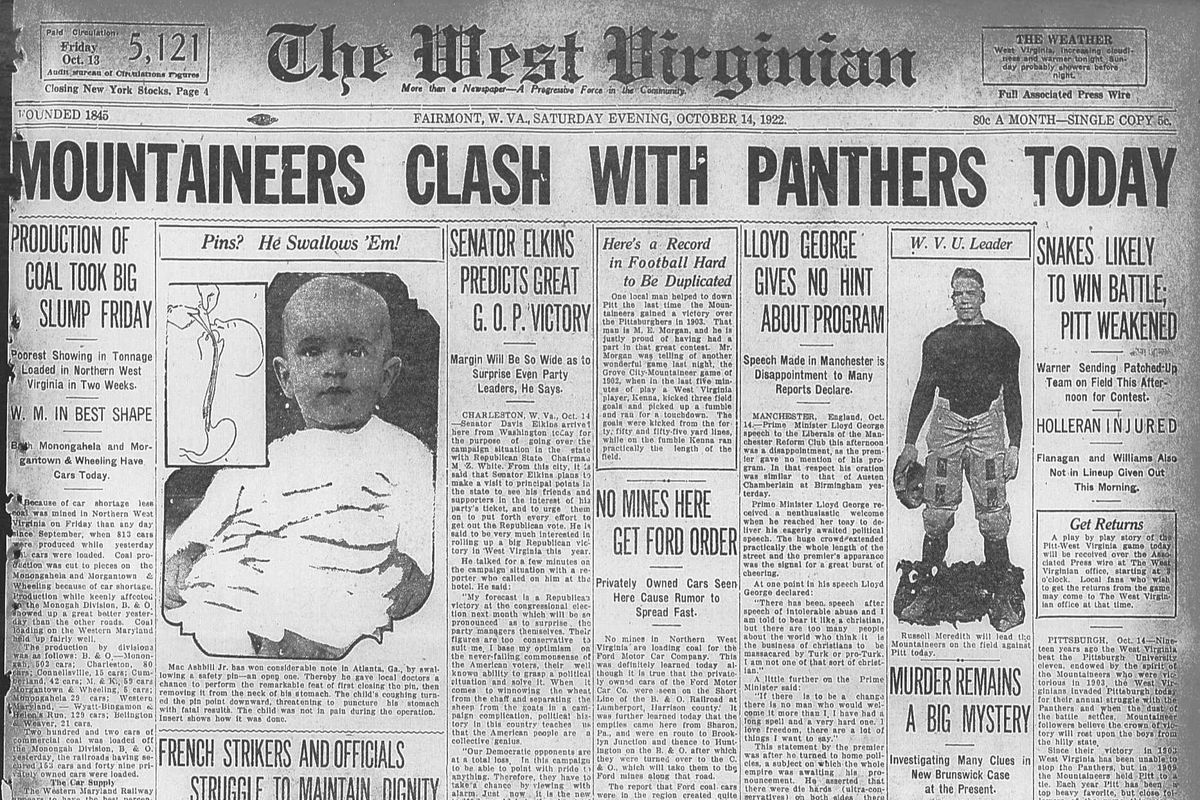 This is an image of the front page of the Saturday, Oct. 14, 1922 issue of The West Virginian newspaper. A bold headline across the top reads: 