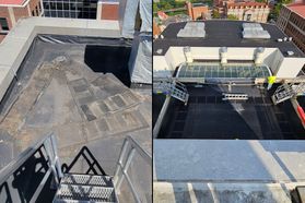 Two side-by-side images show the progress on repairs to roof at Wise Library. On the left, there is damage. That damage is fixed in the photo on the right.