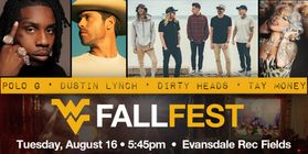 This is a graphic listing the performers for FallFest. Over a Flying WV and the words FallFest are pictures of the performers: Polo G, Dustin Lynch, Dirty Heads, Tay Honey