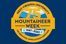 West Virginia University 75th Mountaineer Week, celebrated from 1947-2022 to recongize Appalachian Heritage. The logo is gold and blue with mountains in the background.