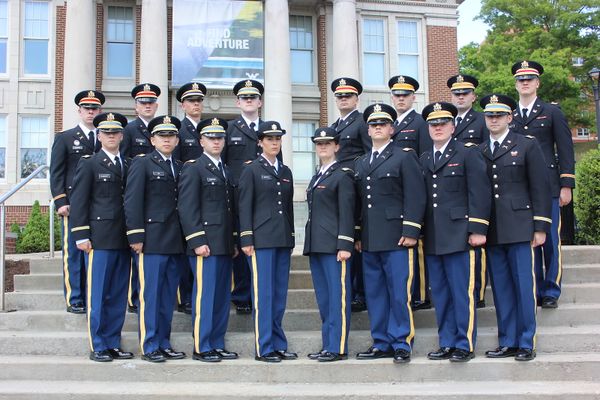 WVU Army ROTC cadets standing in uniform outside a building