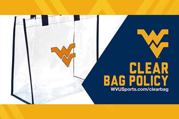 WVU clear bag policy graphic - photo of a clear bag with flying WV on it