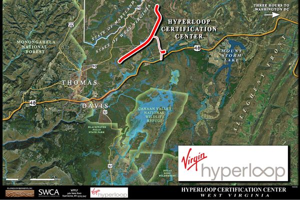 map of northeastern West Virginia with Virgin Hyperloop logo in lower right corner