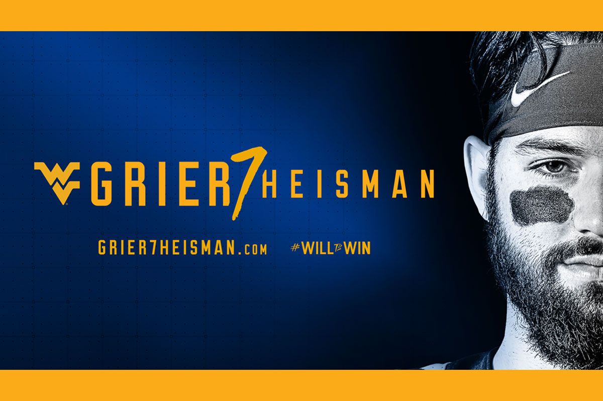 Black and white photo of Will Grier's face next to the words 