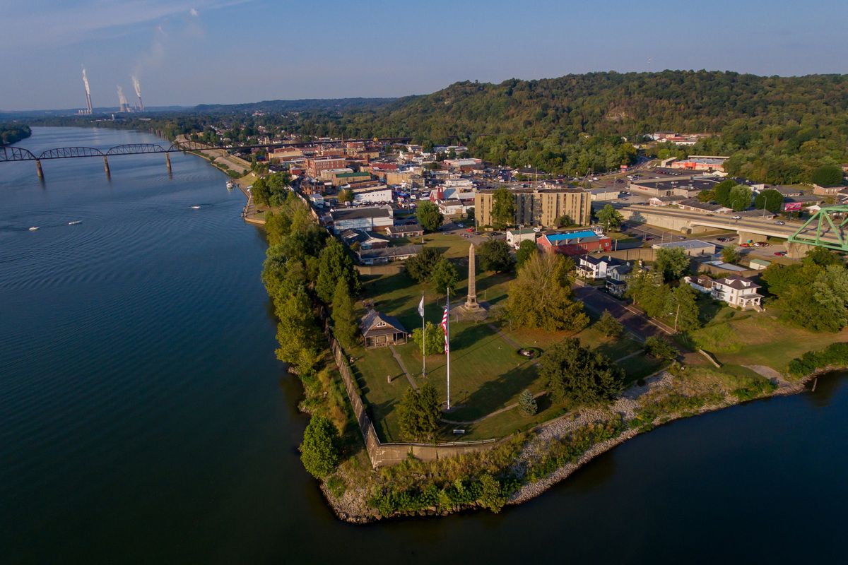 Overview of Point Pleasant, West Virginia with buildings, river, and bridges