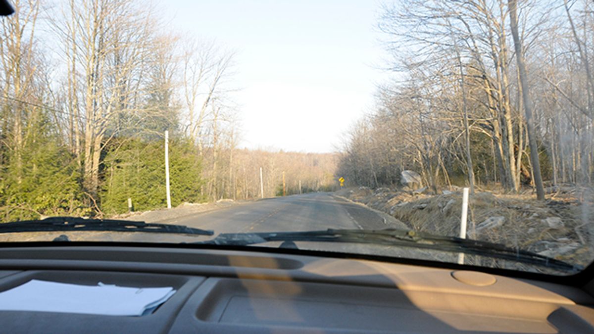 View of a wooded road through a car window.