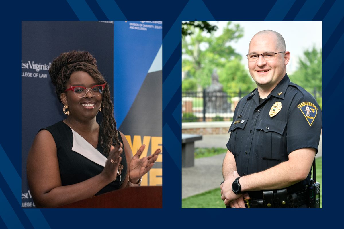 black woman (left) and white bald man in a police uniform (right)