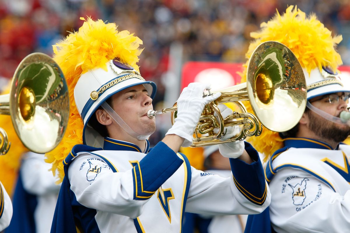 A horn player in the WVU Marching Band.