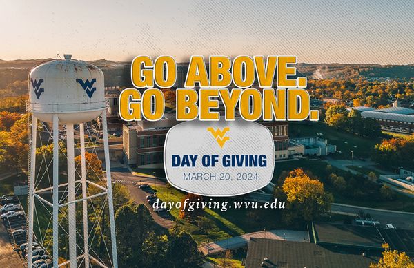 Graphic for WVU Day of Giving featuring an aerial shot of campus with a prominent white water tower inscribed with a blue Flying WV. The words: 